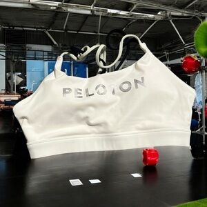 Peloton Cream Multicolor Straps Sports Bra with Silver Logo Exercise Gym Workout